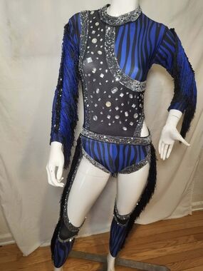 Blue & Black Zebra-Stripe Sequin Fringe Performance Leotard ,Dance,rave